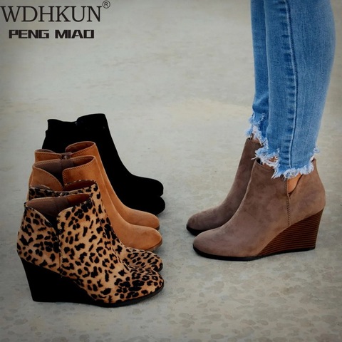 Pointed Toe Booties Winter Women Leopard Ankle Boots Footwear Platform High Heels Wedges Shoes Woman Bota Feminina ► Photo 1/6