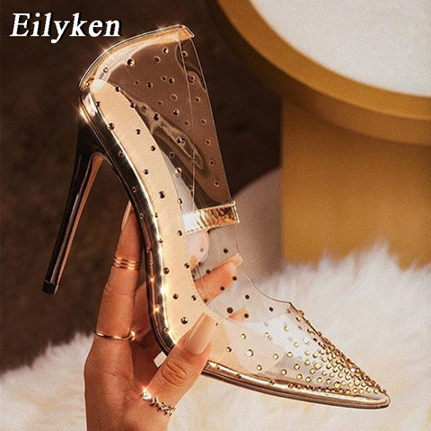 EilyKen Golden Rhinestone PVC transparent Women Pumps Shoes Spring Autumn High Heels PVC Sexy Party  Wedding shoes size 41  42 ► Photo 1/6