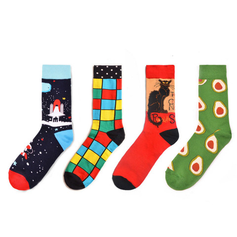 1 Pair Harajuku Style Socks Men Funny Cartoon Cat Shark Avocado Printed Happy Socks New 2022 Spring Combed Cotton Calcetines ► Photo 1/6