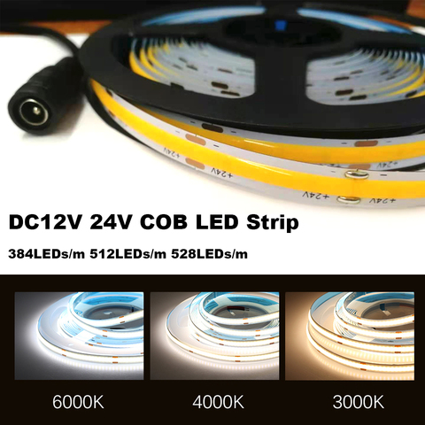 COB LED Strip Light 384 512 528 Leds/m Dimmable Flexible Light Strip DC 12 24V Warm Cold White Soft Tape TV Background Car Decor ► Photo 1/6