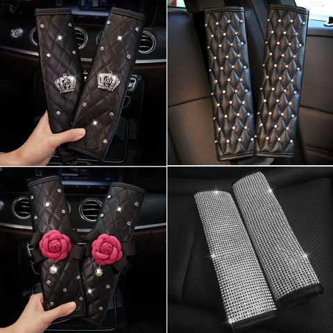 2pcs Fashion Rhinestone Leather Car Sefety Seat Belt Cover Crystal Crown Universal Shoulder Pad Car Styling Interior Accessories ► Photo 1/6