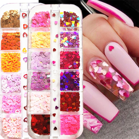 12 Grids/box Laser Love Heart Butterfly Nail Sequins Mixed Color Sparkle Nail Glitter Flakes 3D Nail Art Decorations Accessories ► Photo 1/6