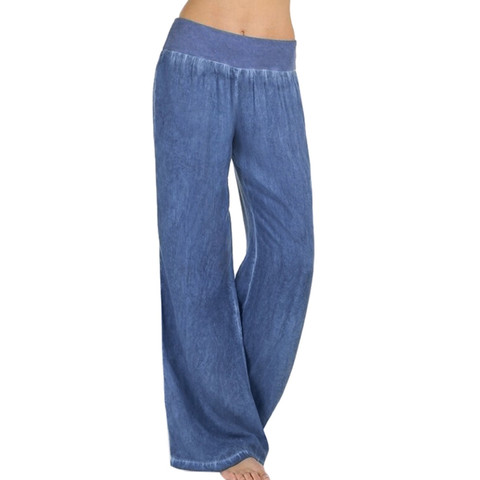 Plus Size S-5XL Comfortable Loose Wide Leg Imitation Denim Pants Women's Jeans Imitation Elastic Waist Full Long Trousers Pants ► Photo 1/6
