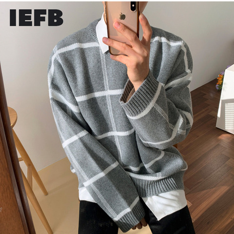 IEFB /men's wear plaid sweater 2022 autumn witner new Korean style loose pullover knitted tide tops all-mtch cintage 9Y3248 ► Photo 1/6