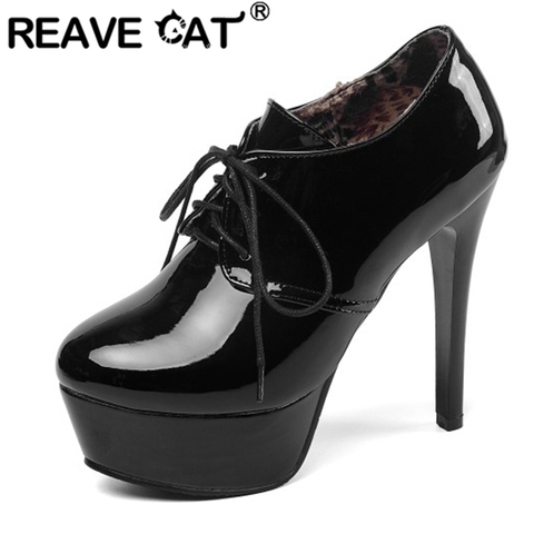 REAVE CAT Woman Pumps Round Toe 13cm Thin high Heels Patent Leather Lace up Cross-tied Platforms Large size 33-45 Casual A2874 ► Photo 1/6