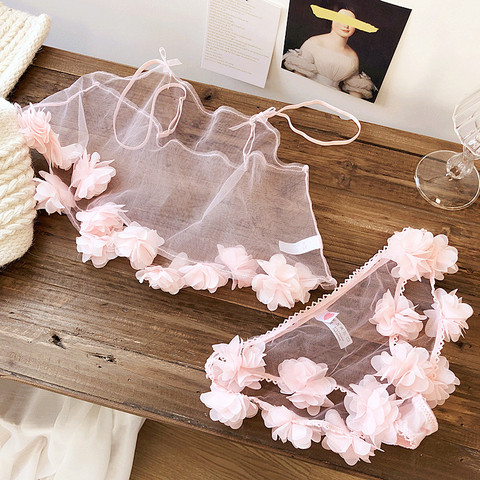 Wriufred sexy petal bud bra set silk gauze transparent vest underwear set pajamas set nightie sweet fairy ► Photo 1/6