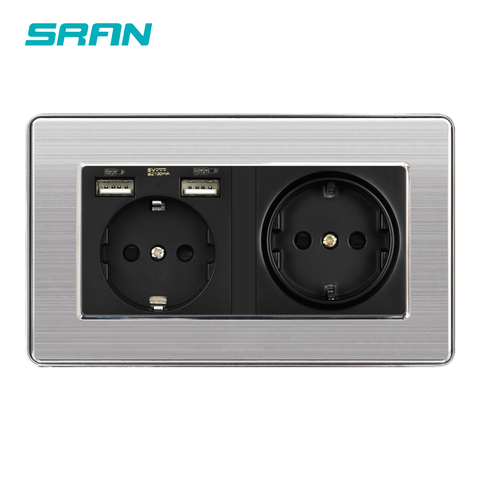 SRAN EU dual frame power socket and socket with usb output 5v2.1A  with hidden indicator stainless steel panel 146mm*86mm ► Photo 1/6