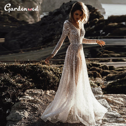 Sexy Illusion Boho Wedding Dress 2022 A-Line Backless Bride Dresses Wedding Gowns Sequined Beading Mermaid Wedding Dress ► Photo 1/6