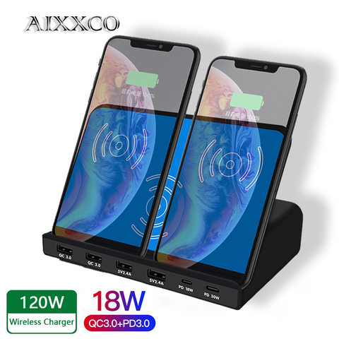 AIXXCO 120W USB Charger Dual PD QC3.0 Fast Charger 6 Ports USB Adapter 10W Wireless Fast Charging Station ► Photo 1/6