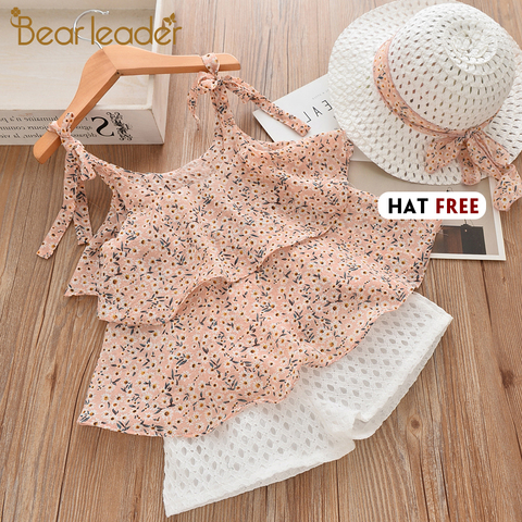 Bear Leader Girls Clothing Sets 2022 Summer Kids Clothes Floral Chiffon Halter+Embroidered Shorts Straw Children Clothing ► Photo 1/6