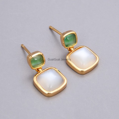 GuaiGuai Jewelry Square White Green Cat Eye Dangle Stud Earrings ► Photo 1/6