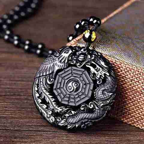 Natural Black Obsidian Hand Carved Chinese Dragon Phoenix BaGua Lucky Amulet Peace Mascot Pendant Necklace For Women Men ► Photo 1/6