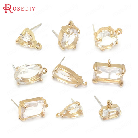 (38513)6PCS 24K Champagne Gold Color Brass and Glass Sterling Silver Pins Stud Earrings Pins Jewelry Making Accessories ► Photo 1/6