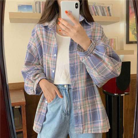 Korean Style Plaid Classic Loose Shirts Blouse Women Daily All-match Cute Student Women Clothing 2022 New ► Photo 1/6