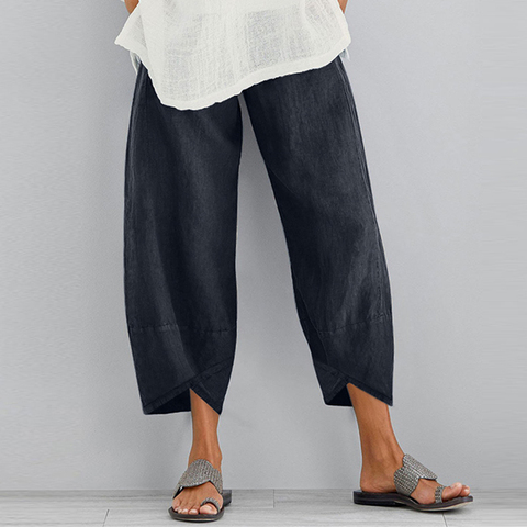 ZANZEA Vintage Linen Pants Women's Summer Trousers Casual Elastic Waist Asymmetrical Pantalon Female Cropped Pants Oversized ► Photo 1/6