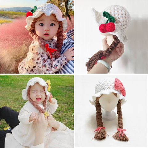 Handmade Knitted Baby Girl Wig Hat Infant Wigs Brades Kid Crochet Hat Caps With Plaits Bebe Photography Props Headwear 1-6 Yrs ► Photo 1/6