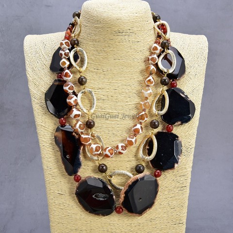 GuaiGuai Jewelry 20'' 3 Strands Agate Stone Round Bronzite Crystal Slice Necklace ► Photo 1/4