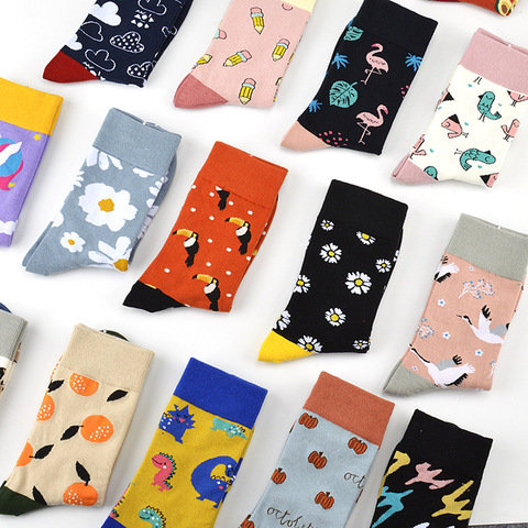 Women Socks Funny Cute Cartoon Fruits Orange banana pizza beer  pencil pumpkin parrot Happy Japanese Harajuku skateboard Socks ► Photo 1/6