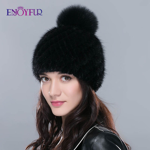 ENJOYFUR hot sale real mink fur hat for women winter knitted mink fur beanies cap with fox fur pom poms new thick  female cap ► Photo 1/6