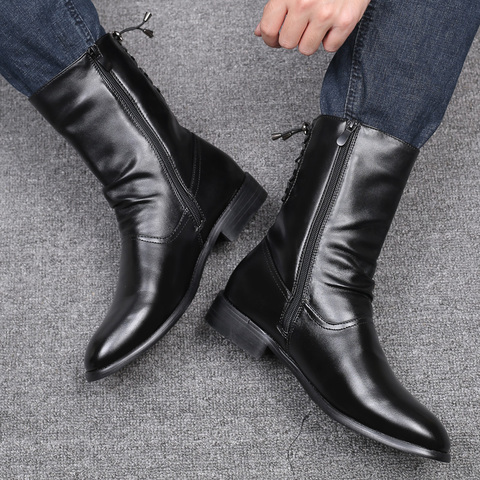 new fashion mens nightclub motorcycle mid-calf high boots cow leather shoes point toe spring autumn long boot botas masculina calzado hombre ► Photo 1/5
