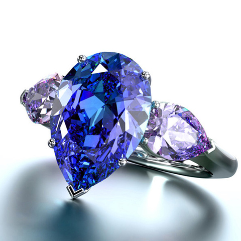 Huitan Water Drop Wedding Rings With Blue&Purple Triple Shinny Tear Drop Cubic Zircon Stone Luxury Women Party Finger Jewelry ► Photo 1/6