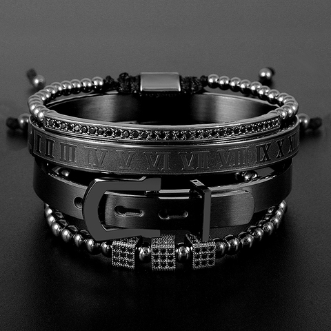 Zaer 4pcs/Set Men Titanium Steel Roman Numeral Beaded Bracelets Horseshoe Buckle Bangles Boy Pulseria Luxury Handmade Jewelry ► Photo 1/6