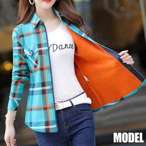 PEONFLY Plus Size Velvet Thick Warm Women Plaid Shirt Female Long Sleeve Tops 2022 Autumn Winter Casual Blouse Femme ► Photo 1/6