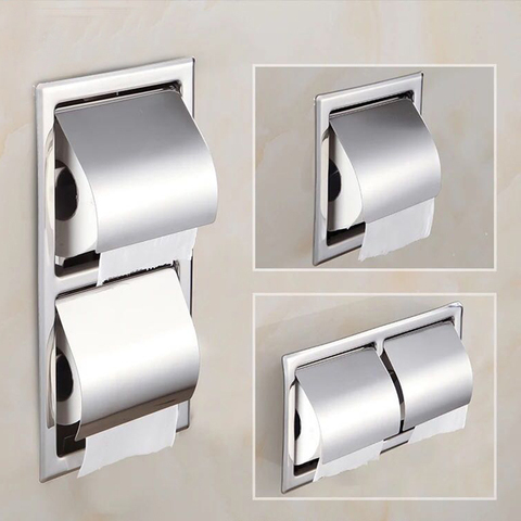 Single/Double Stainless Steel Toilet Paper Box Home Hotel Bathroom Wall-mounted Concealed Roll Paper Holder Rack Tissue box ► Photo 1/6