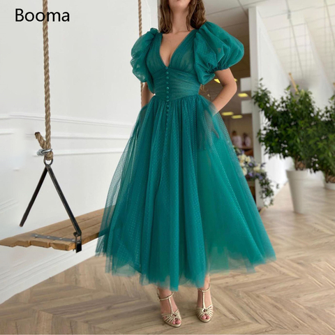 Teal Green V-Neck Dotted Tulle Prom Dresses Puff Sleeves Ruched A-Line Wedding Party Dresses Buttoned Top Tea-Length Prom Gowns ► Photo 1/5