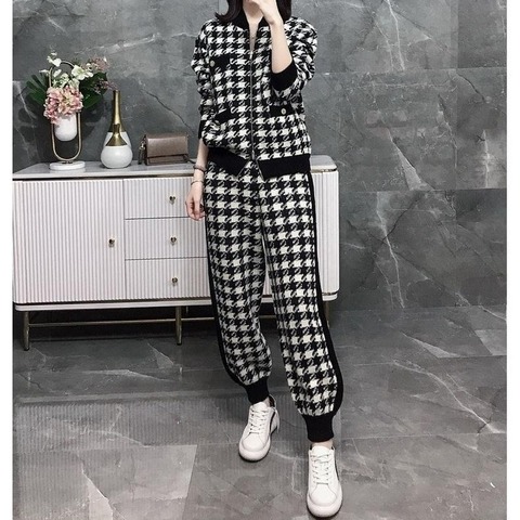 Women's Two-piece Casual Knitted Long-sleeved Trousers Black and White Lattice Knitted Suit Sweater Sports Pants Casual Pants ► Photo 1/6