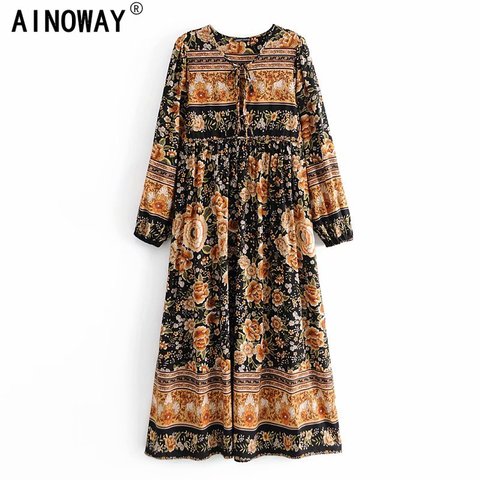 Vintage chic women long sleeve tie neck  Ethnic multi floral print  beach Bohemian maxi dress Ladies rayon Boho dress vestidos ► Photo 1/6