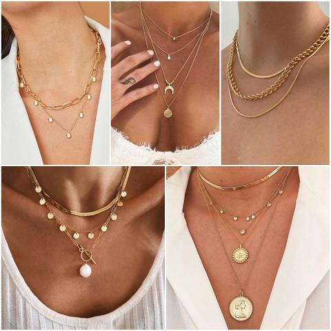 FNIO Vintage Multilayer Crystal Pendant Necklace Women Gold Color Beads Moon Star Horn Crescent Choker Necklaces Jewelry ► Photo 1/6