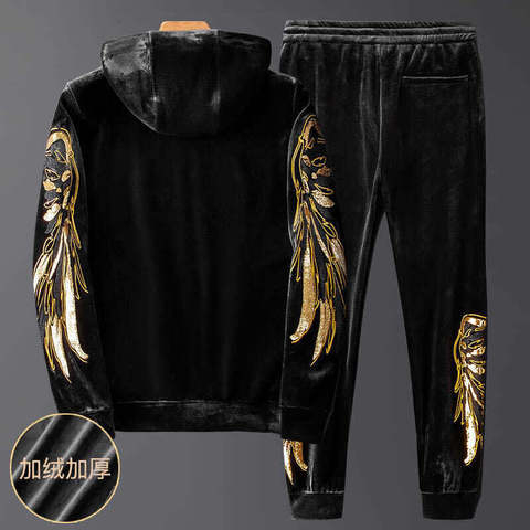 Plus Velvet Gold Silk Leisure Sports Suit Korean Style Slim Winter Two-Piece Men's Trend ► Photo 1/6