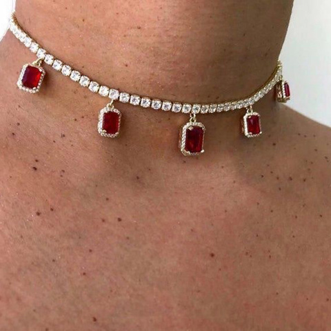 YWZIXLN Boho Charm Bling Crystal Choker Red Crystal Cube Pendant Fashion Necklaces Bijoux For Women Elegant Choker Jewelry N0100 ► Photo 1/5
