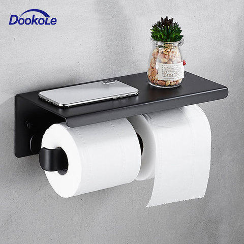 Double Roll Toilet Paper Holder Shelf Wall Mount, Bathroom Dual Tissue Roll Holder with Phones/Wipes Storage Rack Matte Black ► Photo 1/6