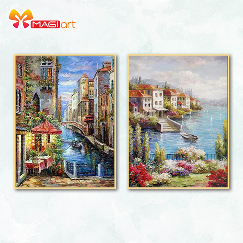 Cross stitch kits Embroidery needlework sets 11CT water soluble canvas patterns 14CT  Seaside scenery Seaside Town-NCMS081 ► Photo 1/6