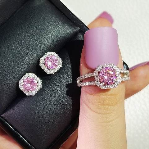 925 Sterling Silver cushion cut zircon Jewelry set Engagement ring stud earring for women gift  J4946-pink ► Photo 1/3