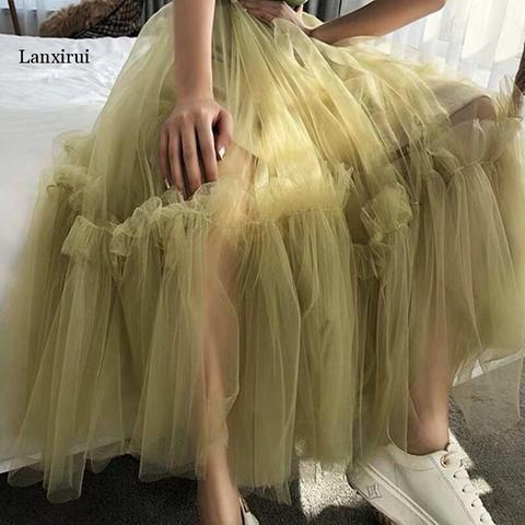 Autumn Winter Vintage Tulle Skirt Women Elastic High Waist Mesh Skirts Long Pleated Tutu Skirt Female Jupe Longue ► Photo 1/6