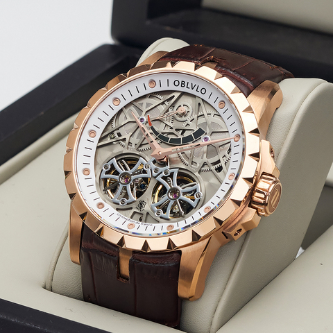 OBLVLO New Design Brand Luxury Transparent Hollow Skeleton Watches for Men Tourbillon Rose Gold Automatic Watches RM-E ► Photo 1/6