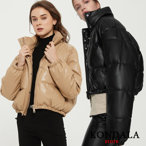 KONDALA Women Jackets Za 2022 Streetwear PU Winter Thick Bubble Jackets Oversized Glossy Solid Bat Sleeved Female Coats Chic Top ► Photo 1/6