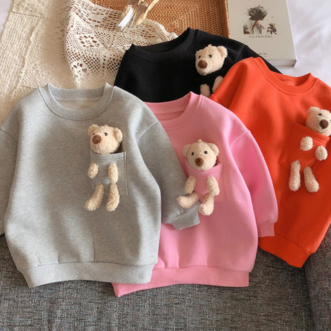 2022 Autumn Winter New Arrival Girls Fashion Bear T Shirt Kids Candy Color Warm Fleece Tops  Kids Clothes ► Photo 1/6