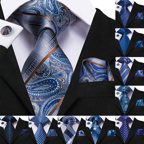 8.5cm Silk Men's Fashion Blue Paisley Tie Necktie Handkerchief Cufflinks Set Men's Wedding Party Business Tie Set ► Photo 1/1