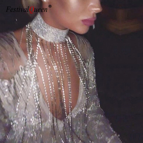 Gold Silver Sparkle Diamonds Dresses Rhinestone Long Tassel Body Chain Loose Sexy Women Night Club Party Luxury Mini Dress 2022 ► Photo 1/6
