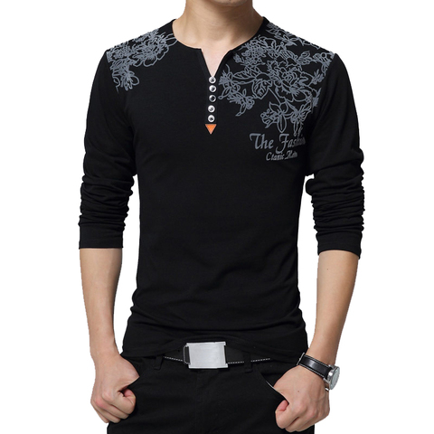 2022 Autumn Fashion Floral Print Men T-shirt Henry Collar Button Decorate Long Sleeve T-shirt for Men Tops Plus Size 5XL ► Photo 1/6