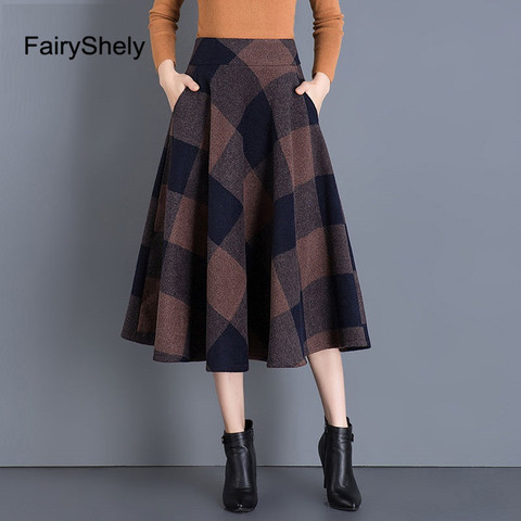 FairyShely 2022 Autumn Winter High Waist Umbrella Knee Skirt Women Casual Pocket Woolen Grid Skirt female Flare Plaid Long skirt ► Photo 1/6