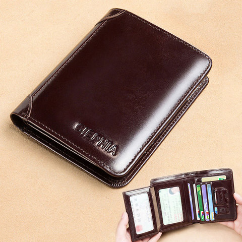 Classic Style Wallet Genuine Leather Rfid Wallets for Men Thin Short Multi Function Tri Fold Card Holder Male Purse Money Clip ► Photo 1/6