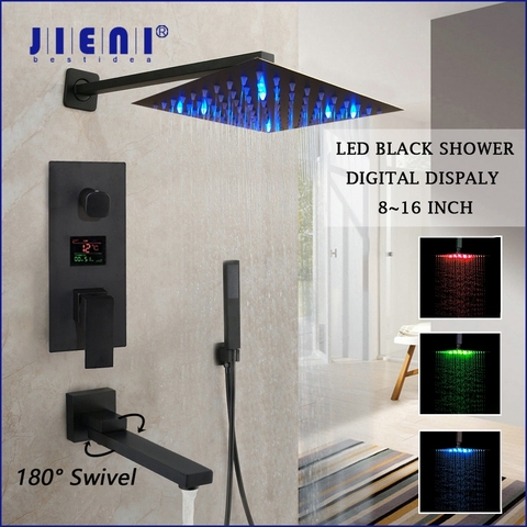 JIENI Matte Black 8 10 12 Inch Bathroom Shower Set Thermostatic Temperature Display Rainfall 3 Ways Black Digital Shower Faucet ► Photo 1/6