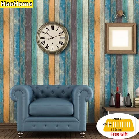 HaoHome Peel & Stick Wood Plank Wallpaper Tan/Blue/Brown Self Adhesive Contact Paper Wall Furniture Sticker ► Photo 1/6