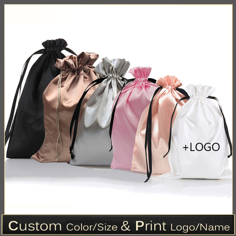 Custom Satin Extensions Hair Bags Ribbon Drawstring Luxry Goods Silk Packaging Pouches Makeup Case Shoes Cloth Wigs Storage Bag ► Photo 1/6