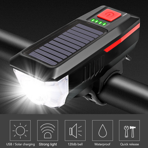 Bike Light Solar USB Rechargeable Double Charging Horn Lamp Waterproof Bicycle Headlight Bike Front Light Waterproof + Horn ► Photo 1/6